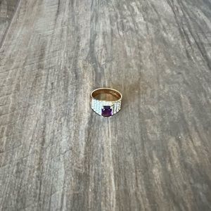 Purple Gemstone & Rhinestone Gold Ring